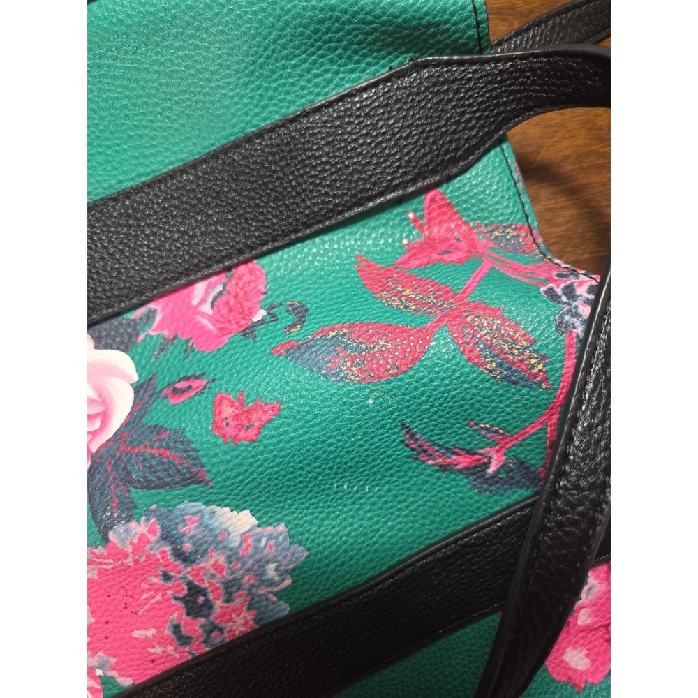 1990 Gold Steve Madden Floral Green Tote Purse Pink Flowers Shoulder Bag - Picture 2 of 6